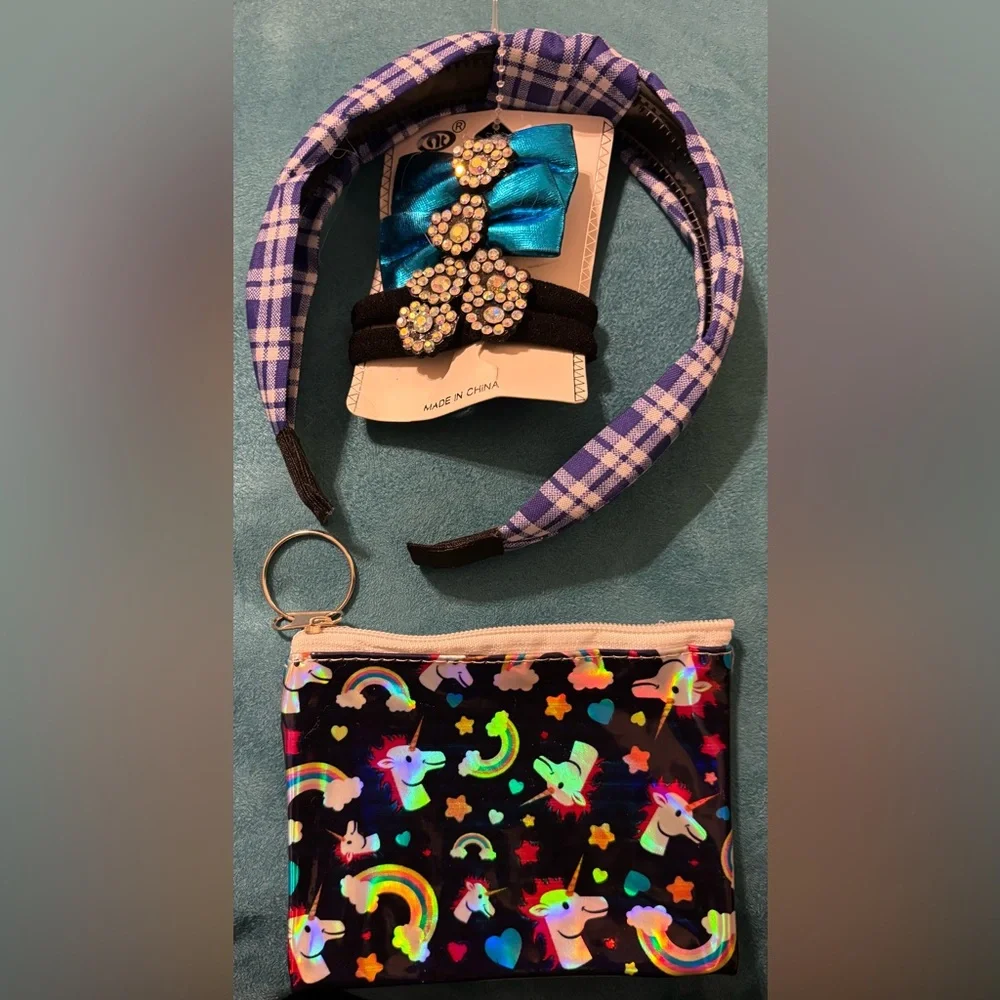 Plaid Headband and Unicorn Pouch Set